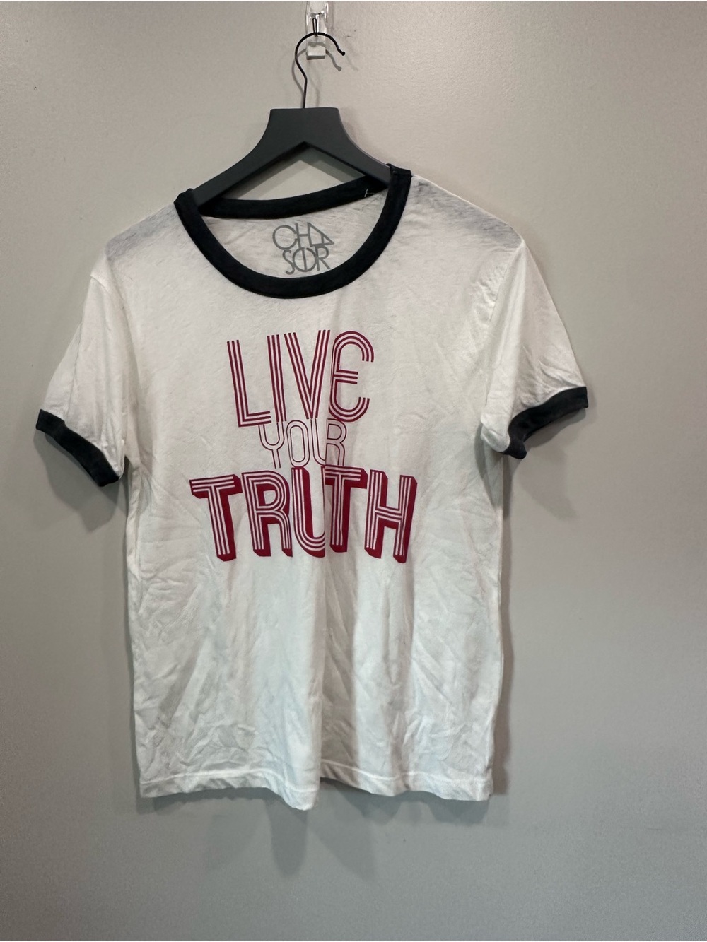 Chaser White Ringer Tee with Black Trim and Red Graphic Text